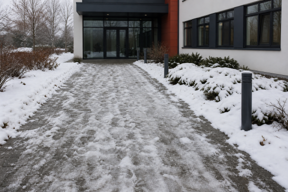 Vereister und verschneiter Gehweg vor dem Winterdienst