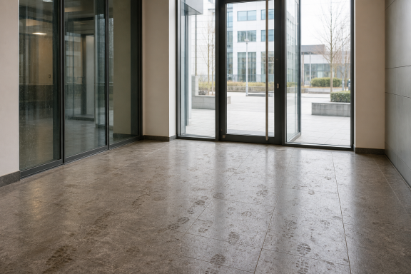 Verschmutzter Gebäudeeingang vor professioneller Gebäudereinigung